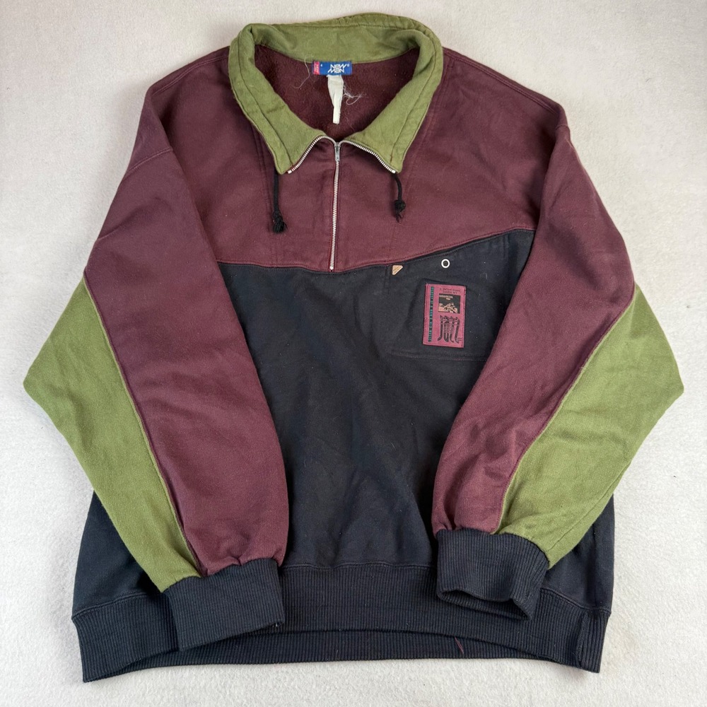 Vintage New Man Colorblock Quarter Zip Sweatshirt Burgundy Black Green Mens 4